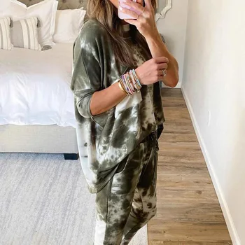 

Women Tie Dye 2pieces Set Long Sleeve O-neck Crop Top And Drawstring Pants Two Piece Set Ladies Homewear Outfits Casual Suit