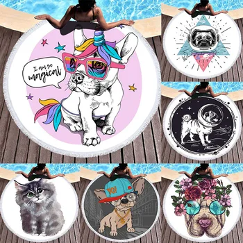 

Bulldog Round Multicolor Beach Towels Summer Dog Cat Thick Bath Shower Towel 150cm Circle Beach Swim Yoga Mat Cover Up Serviette