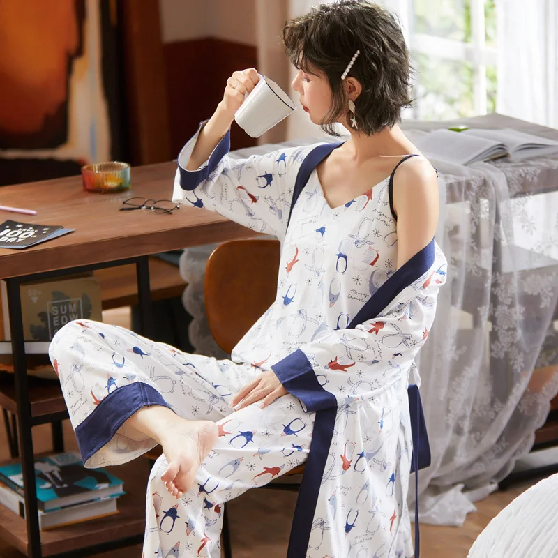 

Women Pajamas Set Sling 100%Cotton Pajamas 3 Peices Sleepwear for Women Long Sleeves Breathable Sexy Robe Homewear SexyTop+ Pant