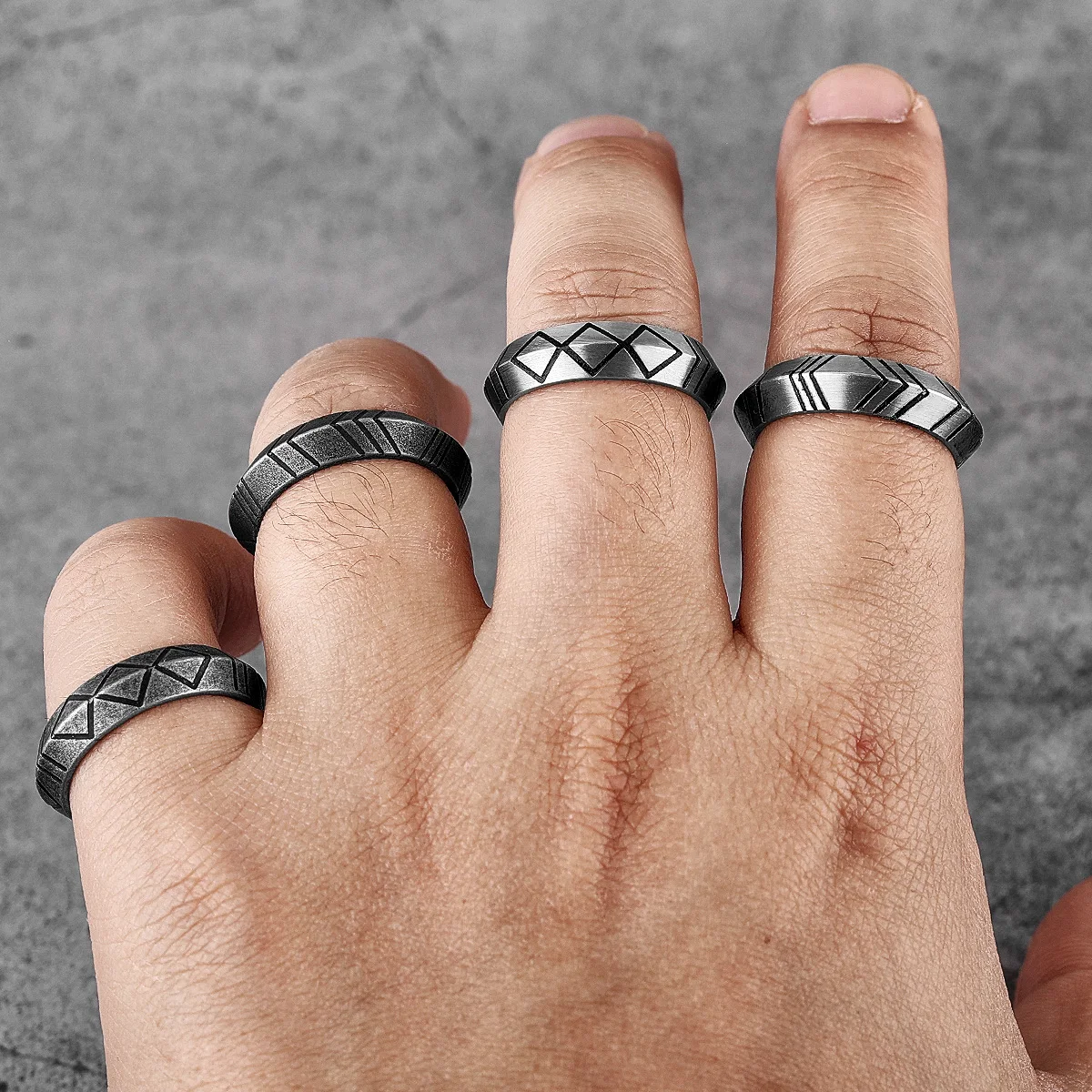 Trendy Minimalist Stripe Stainless Steel Mens Rings Punk Simple