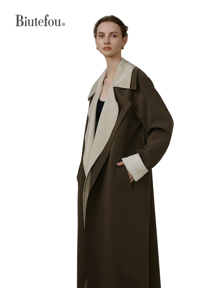 【Biutefou】2022 Spring Women Original Design Long Spliced Trench Coats Fake Two Pieces With Belt |