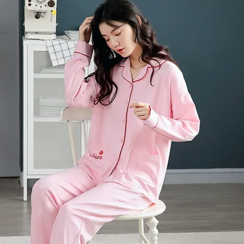 

Women's Pajamas Set Pink Turn-down Collar Sleepwear New Fashion Nightwear 2PCS Home Suit Ladies Pyjamas Dropshipping