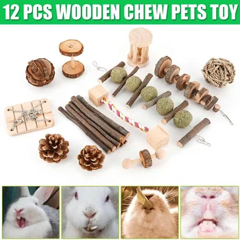

12PCS Natural Wooden Rabbits Toys Pine Dumbells Unicycle Bell Roller Chew Toys for Guinea Pigs Rat Small Pet Molars Supplies