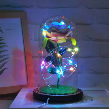 

Beauty and The Beast Rose Christmas Tree Modern Glass Dome Wooden Base with Light Bedside Table Glass Lamp Flat Dust Bell LED