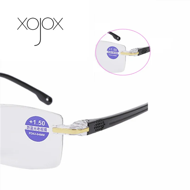 XojoX, анти-синие очки для чтения, для мужчин и женщин, очки, режущая линза, прозрачные, без оправы, оптические очки+ 1,0+ 1,5+ 2