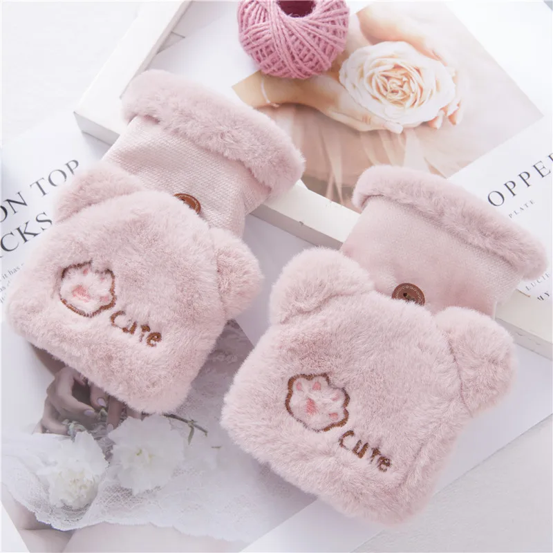 Модель года. Теплые зимние перчатки с изображением милых медвежьих лап. Сезонная плюшевая перчатка - Цвет: pink colour