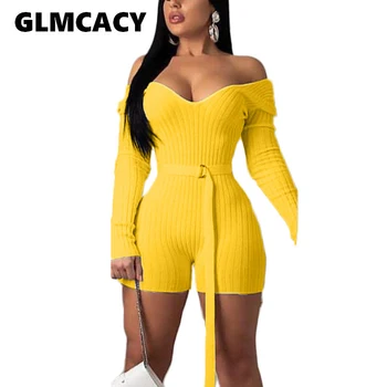 

Women Knit Bodycon Off Shoulder Belted Playsuit Women Sexy Casual Chic Rompers Female Summer Fall Streetwear Playsuit Overalls