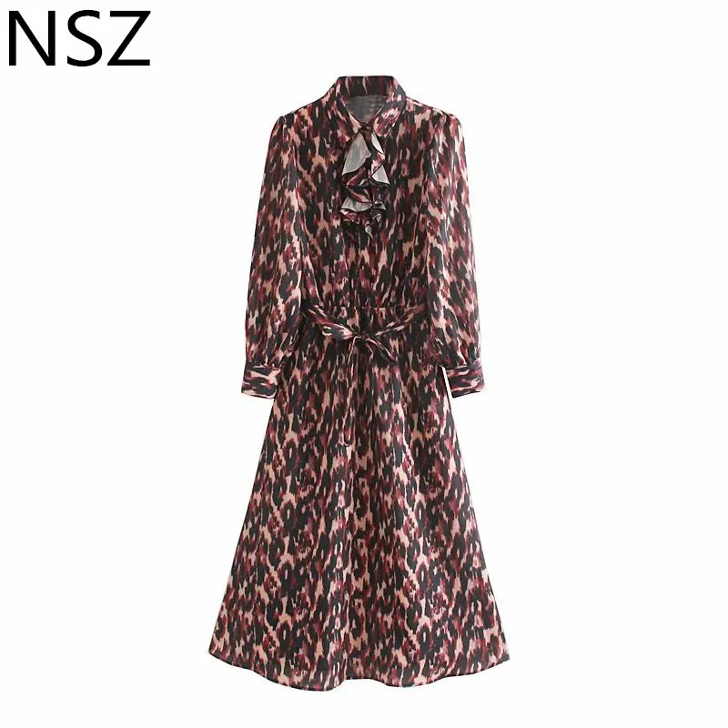 Женское леопардовое длинное платье NSZ рубашка с длинным рукавом и поясом