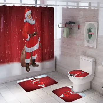 

Christmas Shower Curtain Carpet Mat Toilet mat set Cartoon Santa Claus Shower Curtain Rugs Christmas Decor for Home Bathroom
