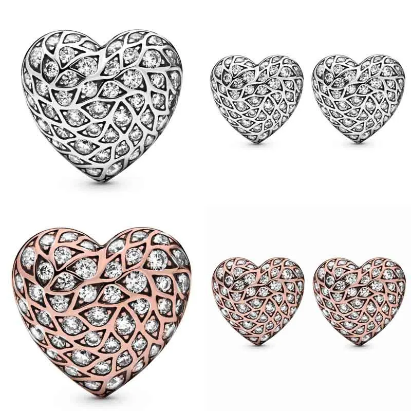 

925 Sterling Silver Rose Sparkling Pattern Heart Fashion Earrings With Crystal For Women Wedding Birthday Party Jewelry Gift