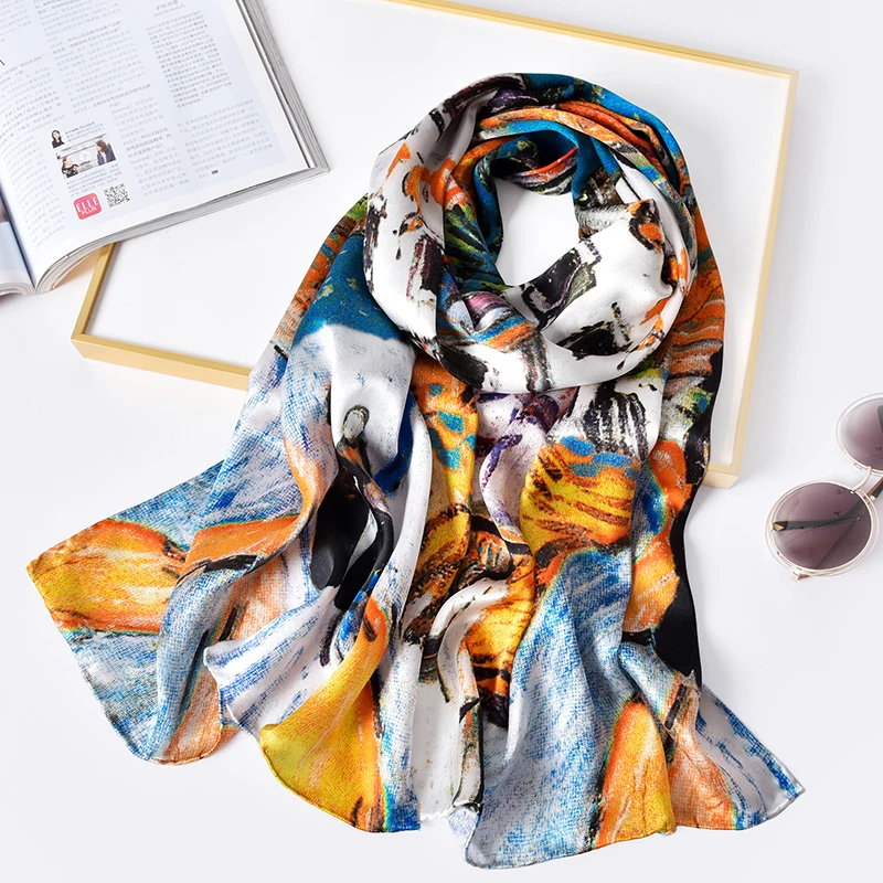 Женский длинный шарф 100% натуральный шелк с принтом 170x53см|pure silk scarf|silk scarfscarf for women |