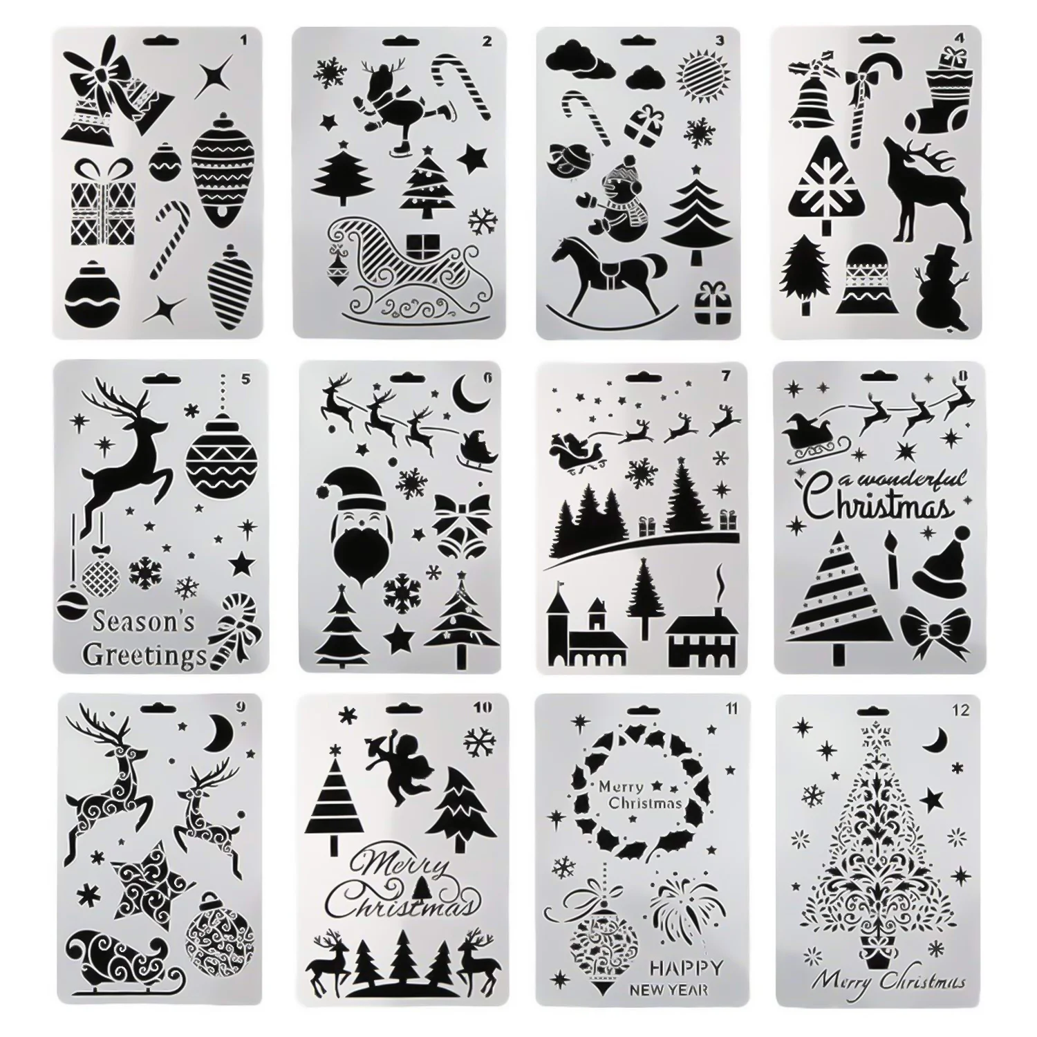 

12 Sheets Christmas Painting Templates Set for DIY Craft Greeting Card Journal Photo Album Scrapbook Christmas Drawing Stencils
