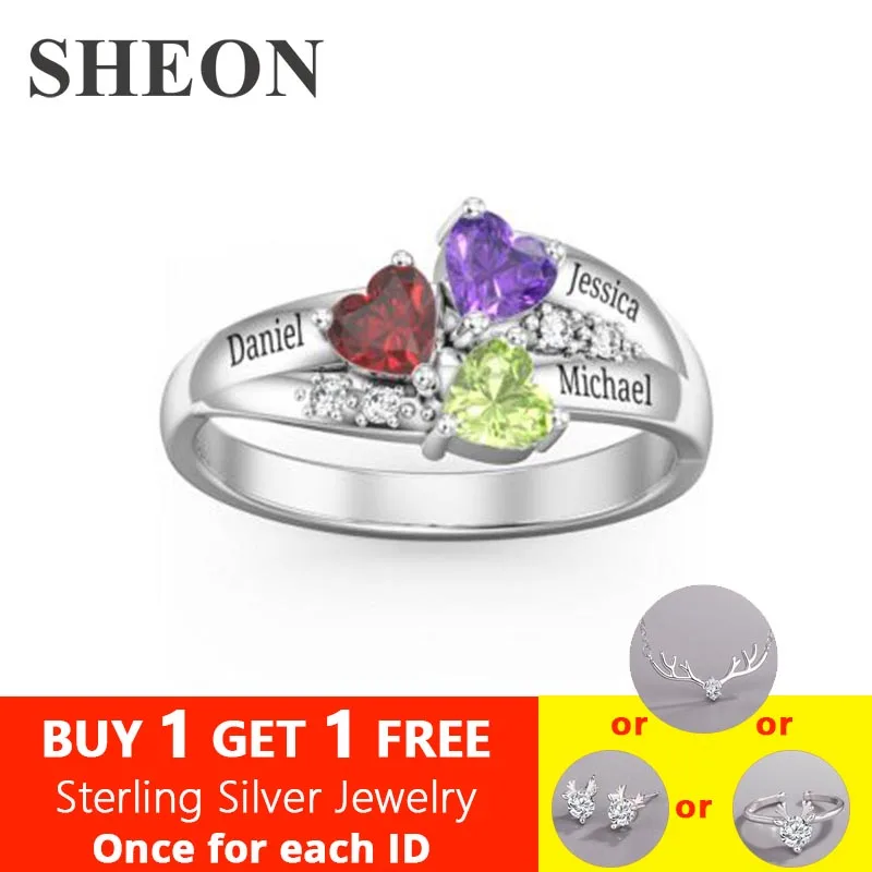 

SHEON Authentic 925 Sterling Silver Personalized custom Heart Birthstone Engraved Names Ring for Women Sterling Silver Jewelry