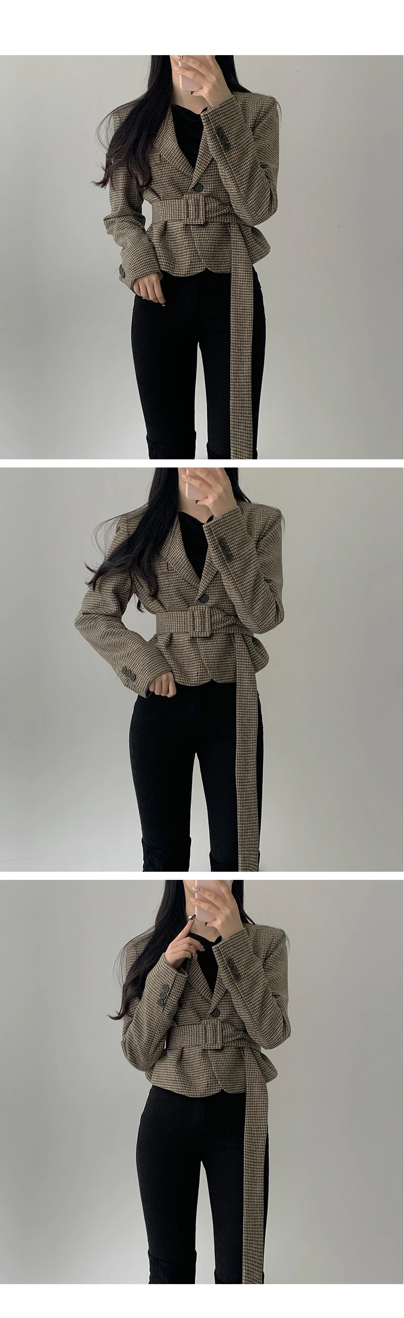SHENGPALAE, осенне-зимний женский блейзер с длинным рукавом и поясом, винтажный Модный клетчатый дизайн, корейское Женское пальто FV795