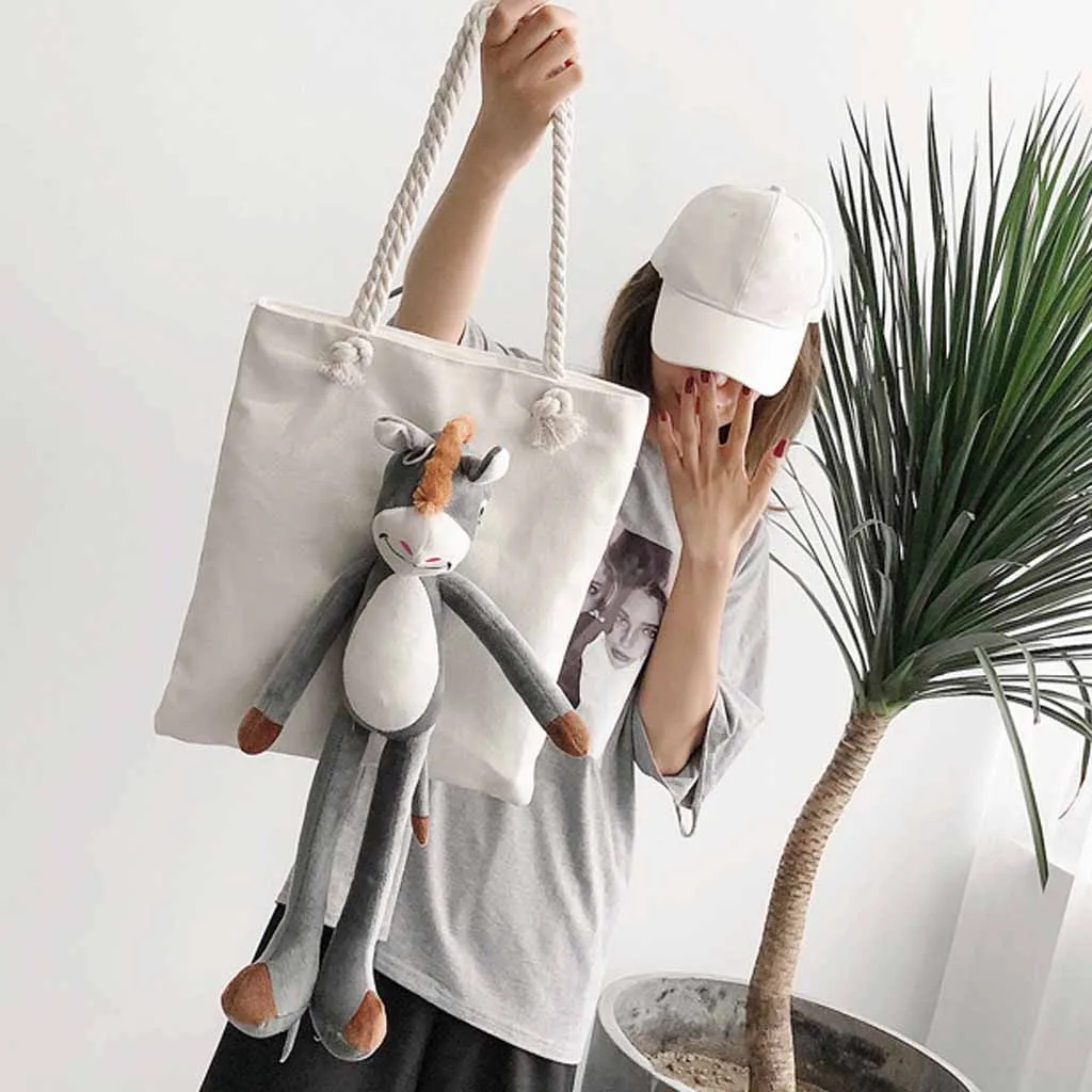 

Canvas School Bag Women Square Cute Cartoon Doll Shoulder Bag Large Capacity Messenger Bags shopping bag sac main femme#G1