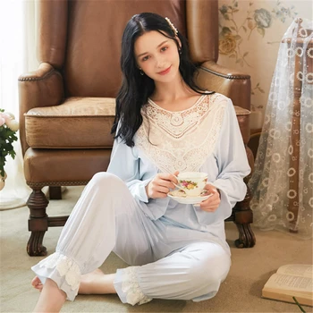

Autumn and winter new ladies princess pajamas retro trousers loose plus size palace style home service two-piece suit JJF0157