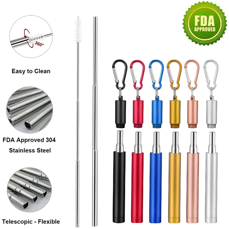 4 Pack Portable Reusable Metal Straw Collapsible Stainless Steel Drinking  Straw Telescopic Straw to Drink Water Smoothie with Aluminum Key-chain Case