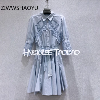 

ZIWWSHAOYU Women Summer Blue Hollow Out Office Mini Dress Runway Designer Bow Belt Shirt Dress Ladies Short Dresses Vestidos