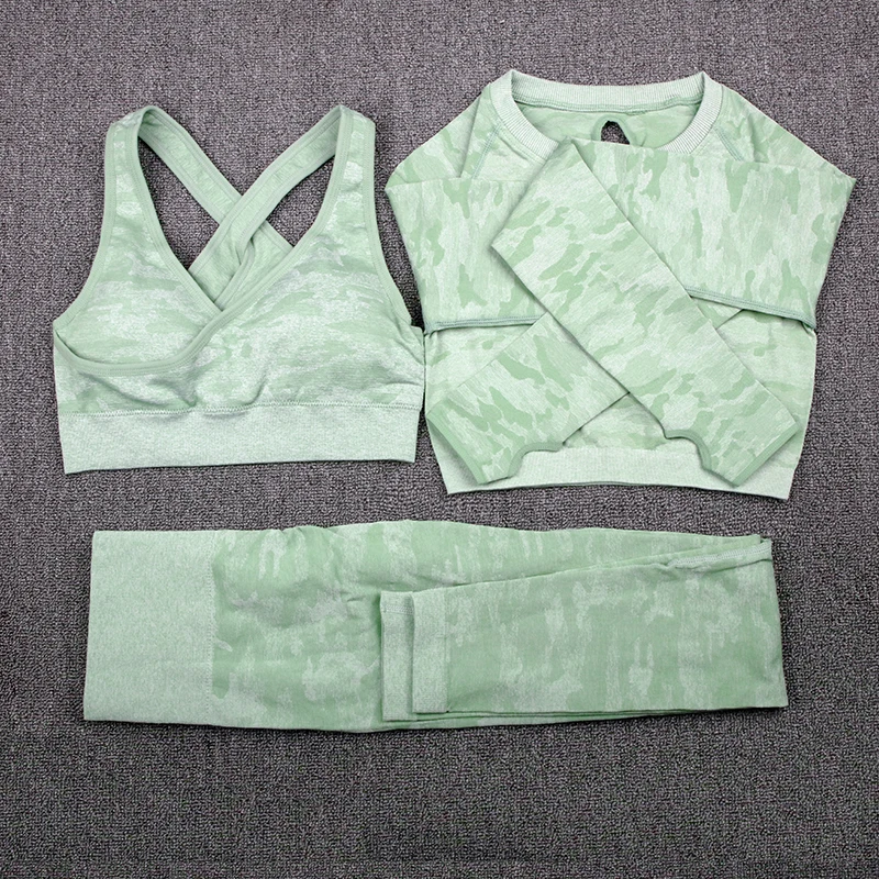 NORMOV 3PCS Camouflage Two Piece Set Women Tracksuit Fitness Crop Top And Leggings Sports Wear Suits |