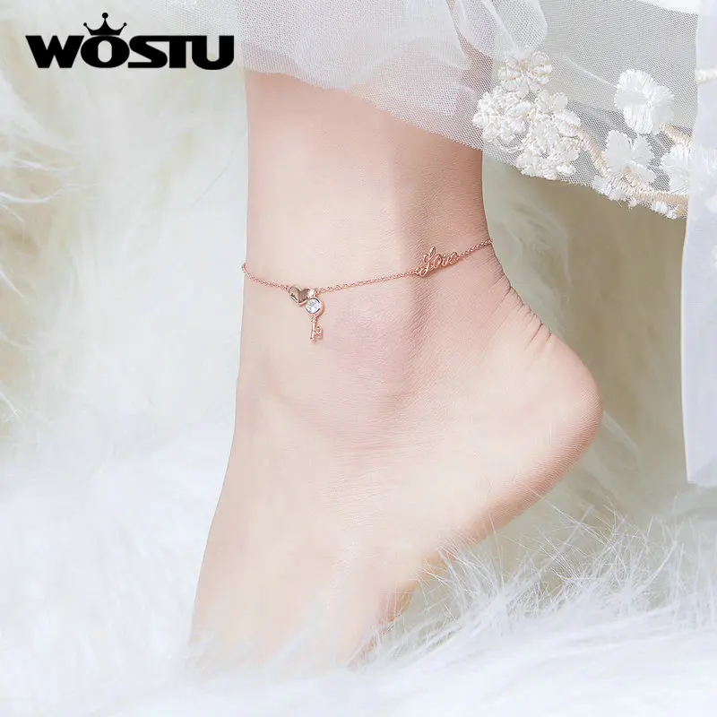 WOSTU 100% Real 925 Sterling Silver Heartslock Anklet Classic Rose Golden Color CZ Anklet For Women Jewelry Gift CTT001 WOSTU 100% Real 925 Sterling Silver Heartslock Anklet Classic Rose Golden Color CZ Anklet For Women Jewelry Gift CTT001