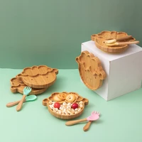 3pcs Baby Feeding Bowl Dinner Plate Kids Feeding Cartoon Tableware Bamboo Wood Non-slip Dinnerware Spoon Fork Set  Silicone Cup 1
