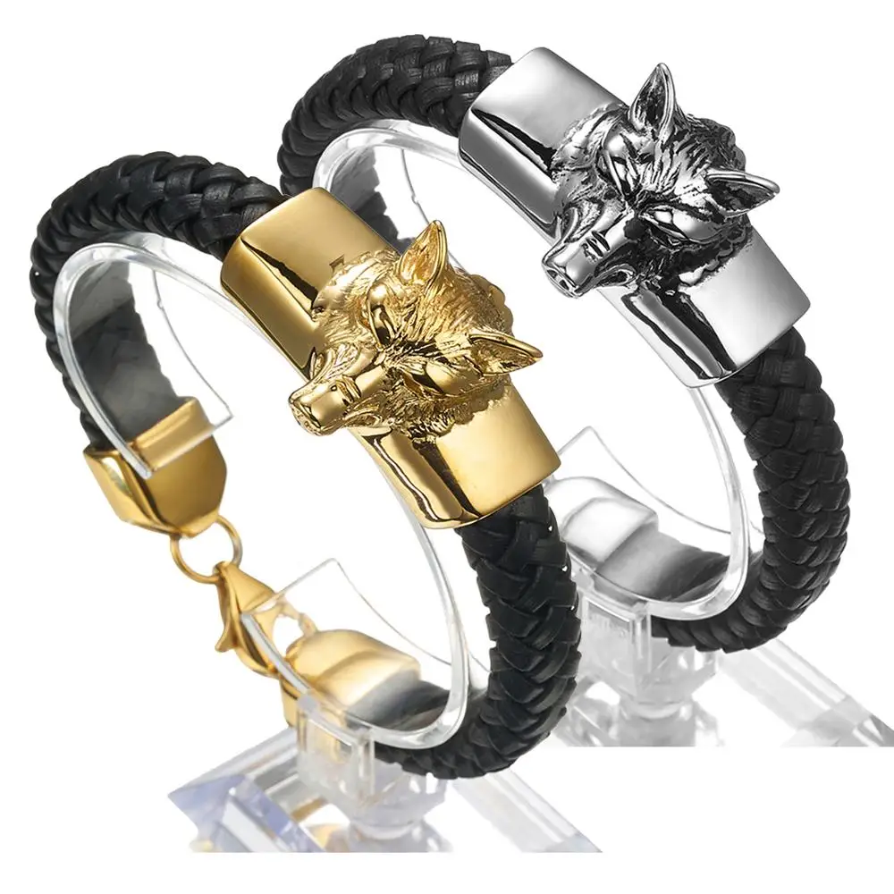 Дизайн, голова волка, животное, серебряный цвет, браслет, высокое качество, черная кожа, нержавеющая сталь, мужские ювелирные изделия, вечерние, подарок
