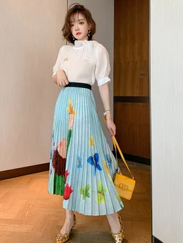 

Fashion Hand-Painted Pastoral Print High Waist Slimming Heavy Pleated Skirt Overskirt Women's Fashion Summer New