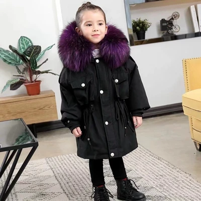 Детское пальто с натуральным мехом Куртка для маленьких мальчиков и девочек детские куртки с большим мехом енота пальто с капюшоном серая, черная теплая парка для девочек TZ419 - Цвет: Black Voliet Fur