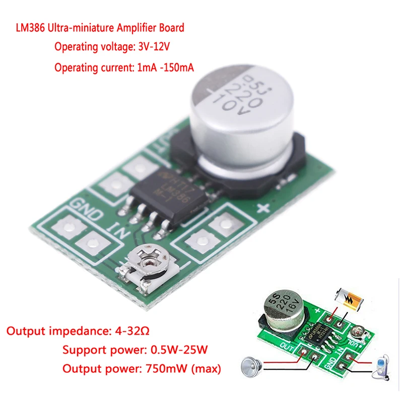 DC 3V~12V 5V 6V LM386 Mini Micro Audio Power Amplifier Board AMP Module 750mW