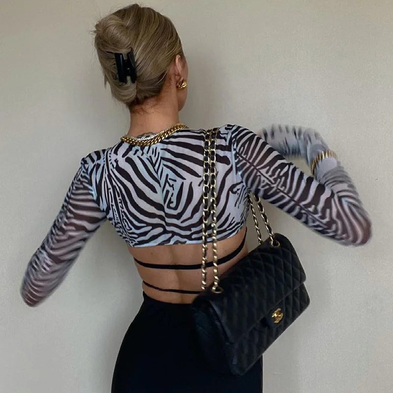 FREE SHIPPING See Through Mesh Crop Tops Long Sleeve Zebra Print JKP4775
