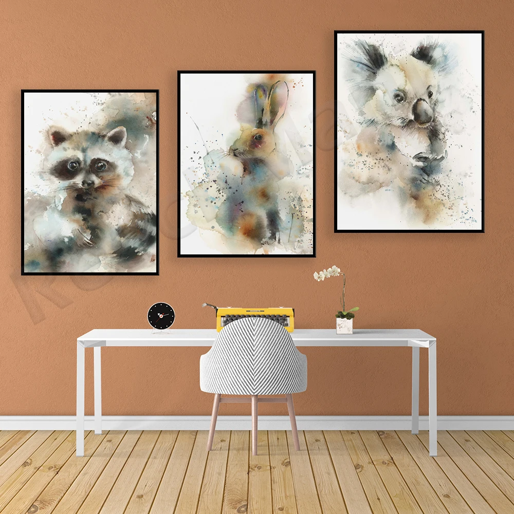 Кролик коала и енот холст с животными акварельные животные галерея настенное