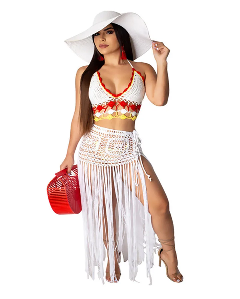 Handmade Crochet Beach Sexy Two Piece Set Dress Women Summer Clothes Hollow Out Crop Top Skirt Tassel 2 Matching |