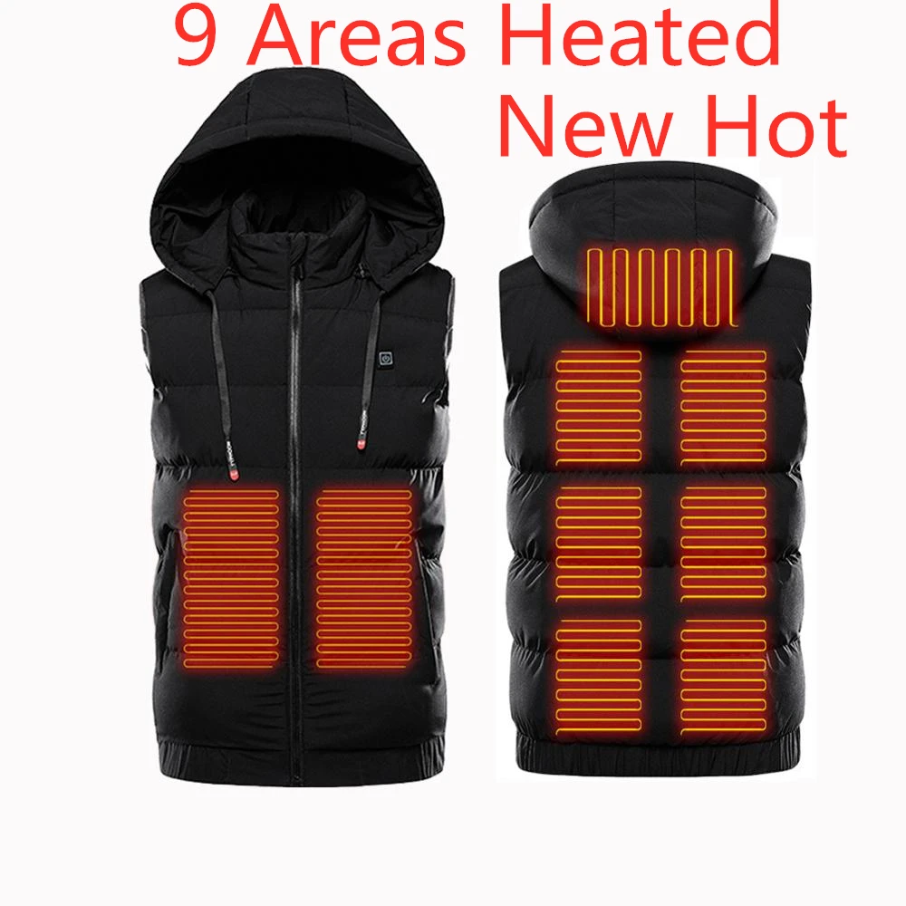 

9 Areas Heating Heated Vest Men's Hooded Lightweight Waistcoat USB Infrared Electric Heating Vest Winter Outdoor Warm Jacket
