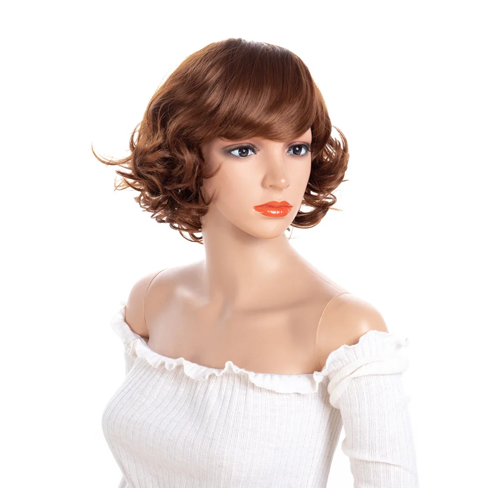 

LIHUI Brown short curly hair wigs Oblique bangs Big wave Crimp Women's wig