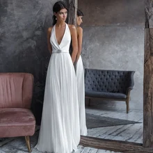 Simple White Wedding Dresses for Bride 2021 Sashes Pleat Ruched Sexy Chiffon Halter Sleeveless Sweep Train Backless Bridal Gowns