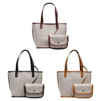 

2pcs/set Hot Sale Shopping Bags Delicate Texture Ladies Shoulder Handbag Linen Casual Tote Large Shopping Top-handle Bag
