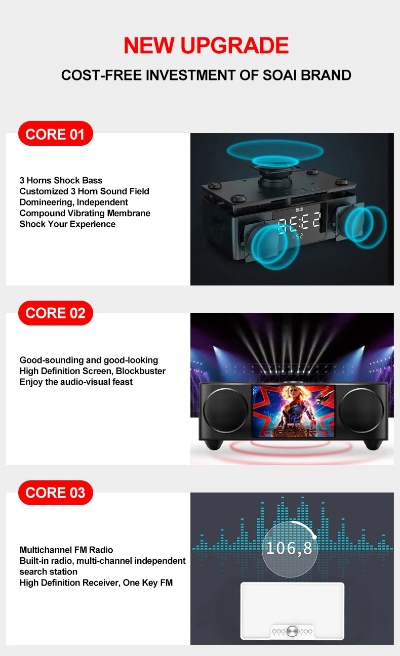 SOAIY S99, видео, Bluetooth, динамик, настольный, пульт дистанционного управления, беспроводной, портативный, HIFI, для комнаты, часы, светодиодный дисплей, микрофон, FM, автомобильный сабвуфер