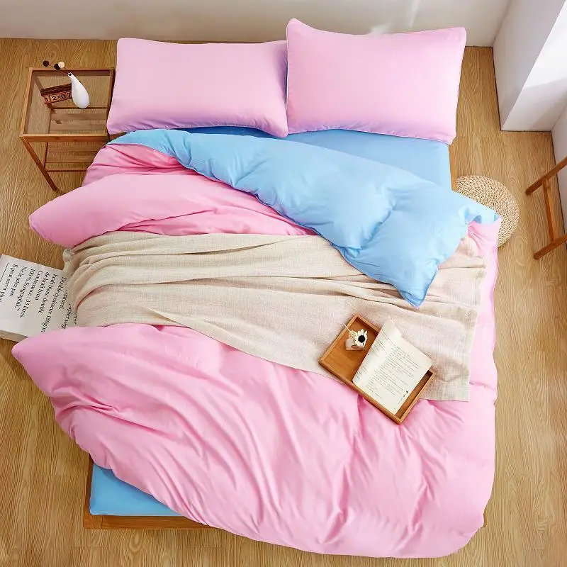 Light Pink with Light Blue Plain Color Linen Bedding Sets