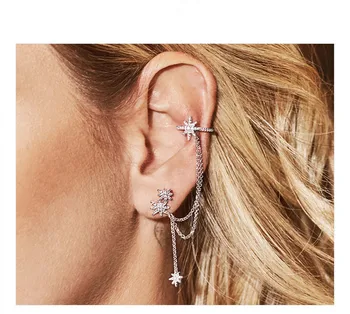 

FXLRY Hot Selling Silver color Fine Statement Ear Cuff with Stud Zirconia Stars Chain Clip Earrings For Women Jewelry