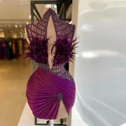 New Ladies Sexy Evening Dress Beading Sequined Feathers Sleeveless Pleat Split Luxury Mini Cocktail Dresses Robe De Soirée Femme