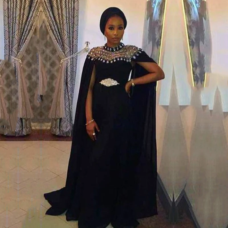 

Arabic Evening Dresses Crystals High Neck Caped Chiffon Dubai Kaftan eaded Black Long Evening Gown Prom Dress