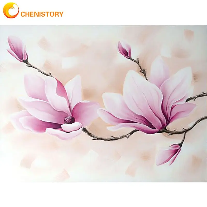 CHENISTORY Frame Picture Diy Oil Painting By Numbers Acrylic Wall Art Picture Magnolia Flowers Coloring By Numbers For Diy Gift