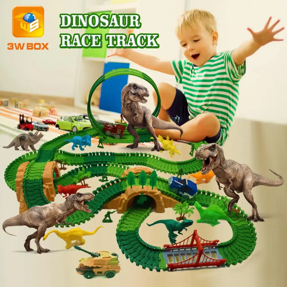 Dinosaur Railway Magical Racing Track Playset Educational Bend Flexible Race Electronic Flash Light electric tank rail Car