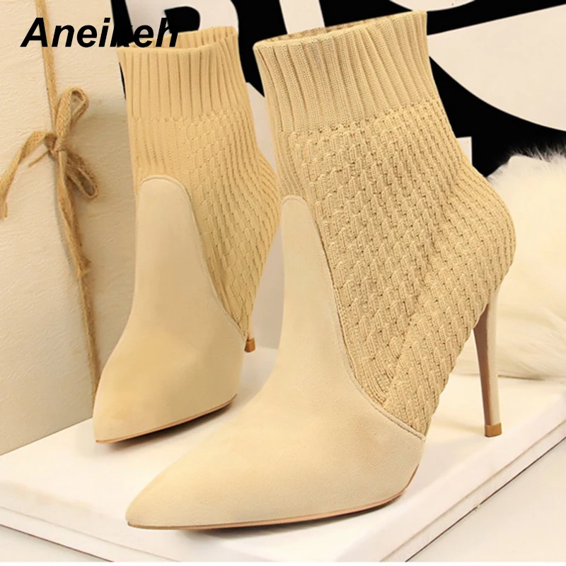 

Aneikeh 2020 Winter Pointed Toe Elastic Fashion Boots Sexy Heels Women Chelsea Boots Snow Boots High Heel Shoes Pumps Size 34-40