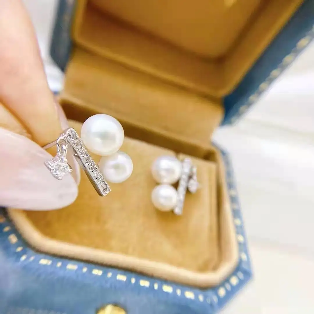 

M418 Solid 925 Sterling Silver Round 5-6mm Nature Fresh Water White Pearls Studs Earrings for Women Fine Birthday Gifts