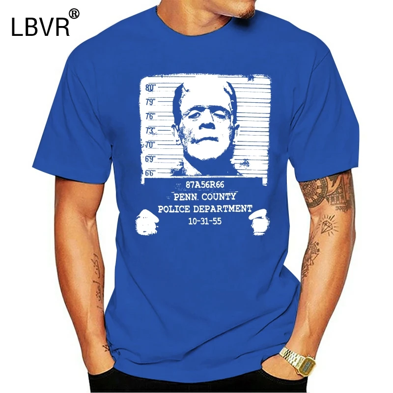 

Pins Bones Frankenstein Face Mug Shot Retro Black T Shirt Summer Short Sleeves Cotton Fashion Men Printed T-Shirts