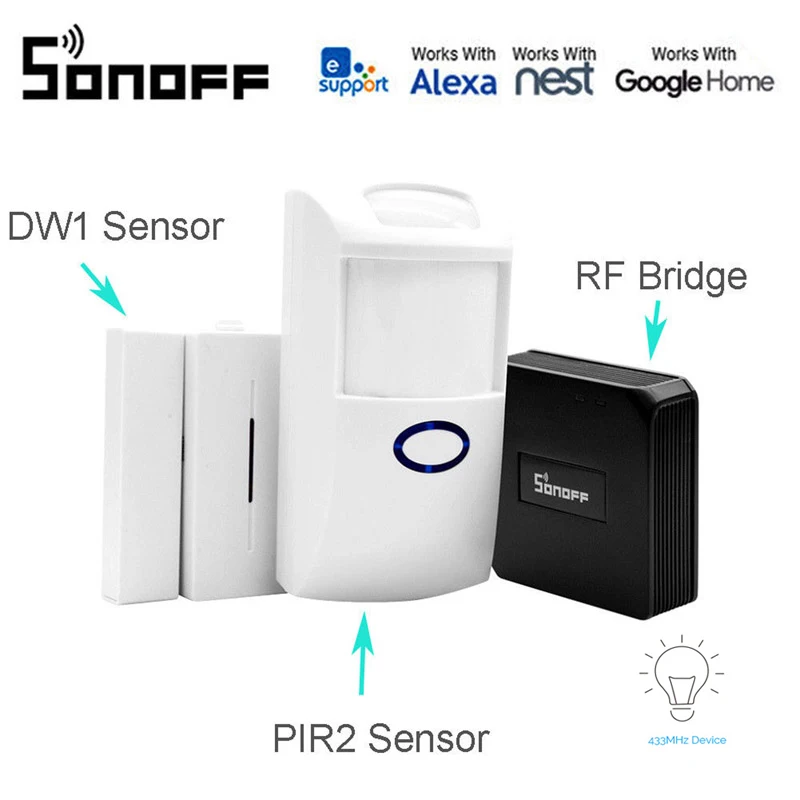 Sonoff Smart Switch RF мост 433 МГц двойной, инфракрасный датчик пира2 Sonoff DW1 окно сенсорный детектор дыма для системы домашней безопасности