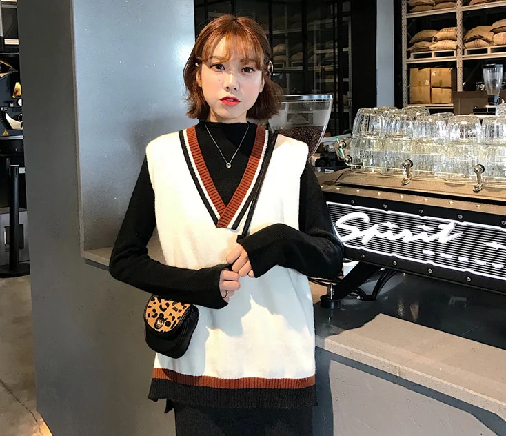 

NEW autumn winter v neck color patchwork knitted sleeveles womens sweaters