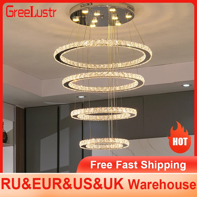 

Luxury Large 5 Rings Round Crystal Led Chandelier light Spiral Led Pendant Lamp Light Fixtures Stair Hotel Lamp Dimmable Lustres