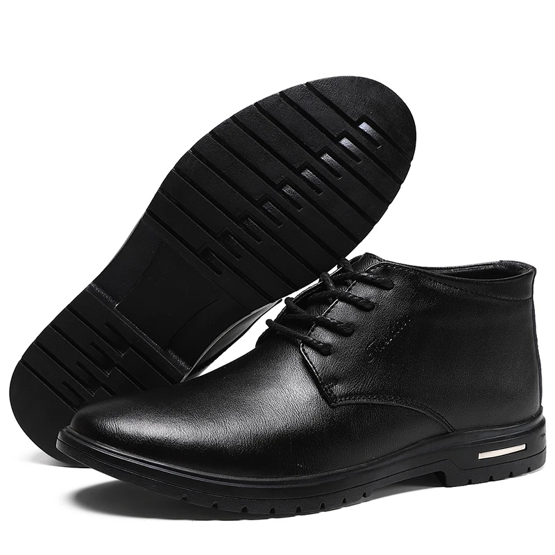 Ceny Nowe zimowe buty śniegowe wysokiej jakości skórzane ciepłe futro biznesowe męskie buty Casual pluszowe trzewiki chelsea Boots duży rozmiar 38 47